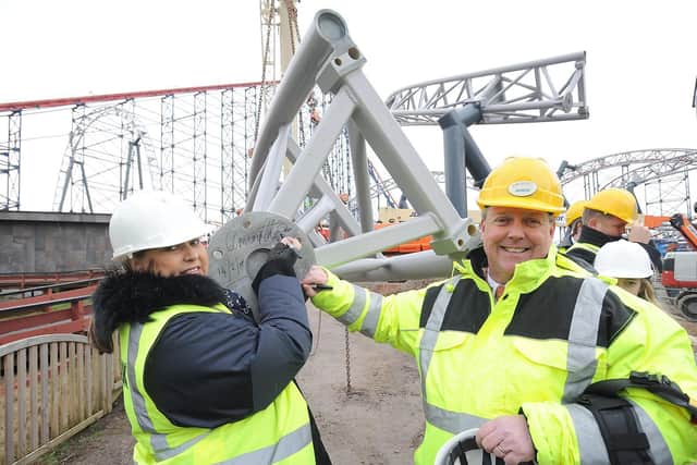 The final piece of Icon is installed at Blackpool Pleasure Beach. Pictured are Amanda and Nick Thompson