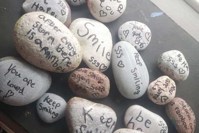 Some of the rocks from the Mawdsley sisters' garden, which they decided to decorate and secretly leave on neighbours' doorsteps to bring a smile to their faces. Photo: Karen Feather