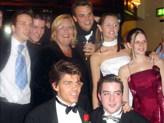 Carr Hill Sixth Form Leavers. Back L-R Michael Dickinson, Richard Haskins, History teacher Gillian Clancy, Ashley Rhodes, Stacey Paynter and Jenny Walton. Front Chris Oxley and Paul Hagan.