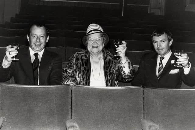 The Grand Theatre hand over on September 30, 1980. From left, John Shedwick (Grand Theatre Manager), Coronation Street star Violet Carson and Grand Theatre Trust Secretary Sam Lee raise a glass