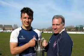 Aled Trenhaile (right) and Connor Wilkinson, now a freescoring back for Fylde, with the Fylde Sevens trophy won by Kirkham Grammar School in 2015