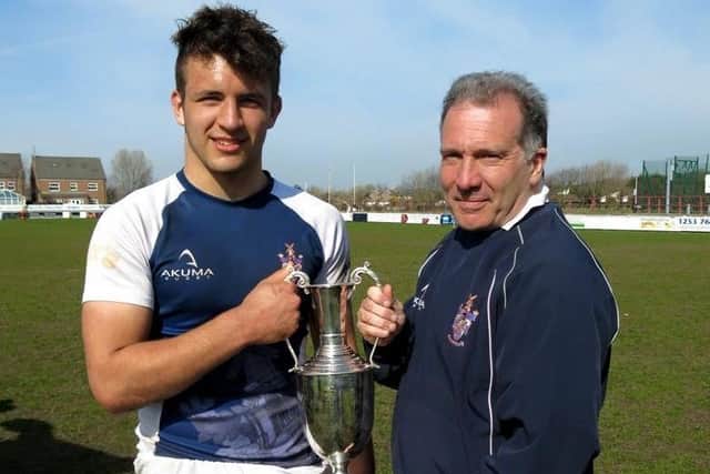 Aled Trenhaile (right) and Connor Wilkinson, now a freescoring back for Fylde, with the Fylde Sevens trophy won by Kirkham Grammar School in 2015