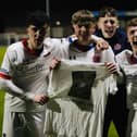 AFC Fylde Under-18 players celebrate their FA Youth Cup victory over Cambridge dedicated to the memory of teammate Luke Bennett
Picture: AFC FYLDE