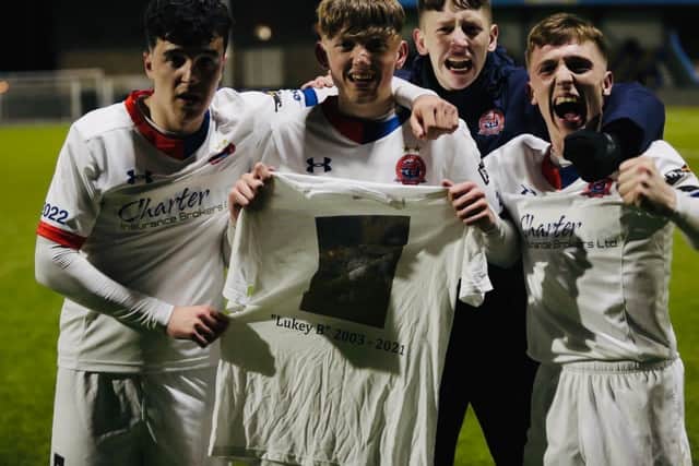 AFC Fylde Under-18 players celebrate their FA Youth Cup victory over Cambridge dedicated to the memory of teammate Luke Bennett
Picture: AFC FYLDE