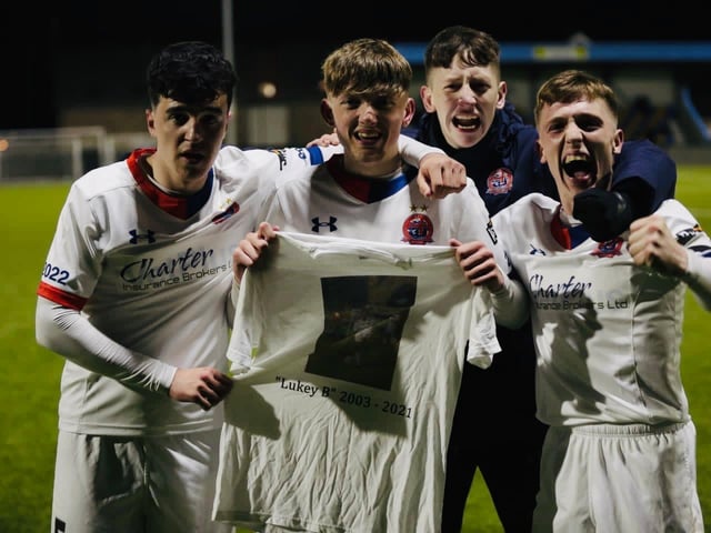 AFC Fylde Under-18 players celebrate their FA Youth Cup victory over Cambridge dedicated to the memory of teammate Luke Bennett
Picture: AFC FYLDE