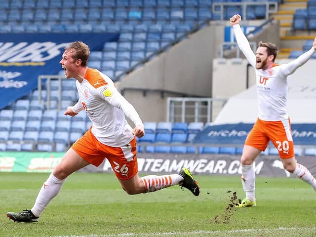 Dan Ballard celebrates scoring Blackpool's second goal of the game