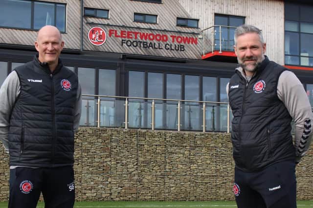 Fleetwood Town head coach Simon Grayson alongside his assistant David Dunn. Credit: FTFC.