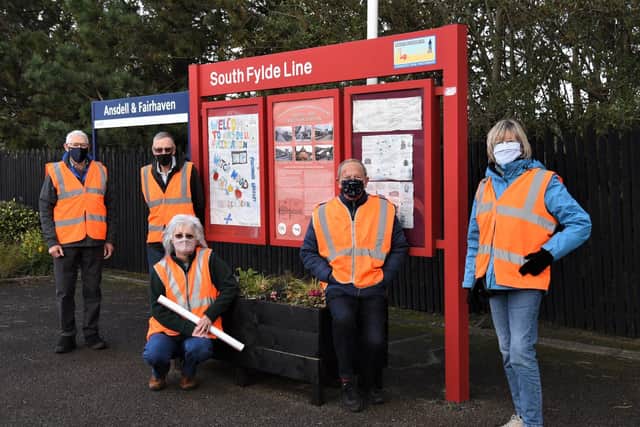 Fylde community rail volunteers unveil the history posters at Ansdell and Fairhaven railway station