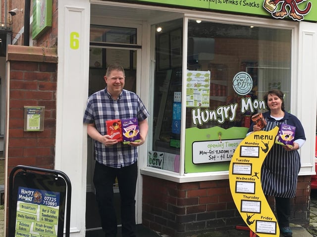 Amanda Hill, from Hungry Monkey sandwich shop on Back St Annes Road West, St Annes, and Marc Bennett with Easter eggs for Home-Start