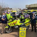 L-R: Rotarians Vas Vasudev and Diane Glister, North West Blood Biker Mark Rooker, club president Terry Harrison and senior paramedic James Gorier. Photo: Palatine Rotary Club