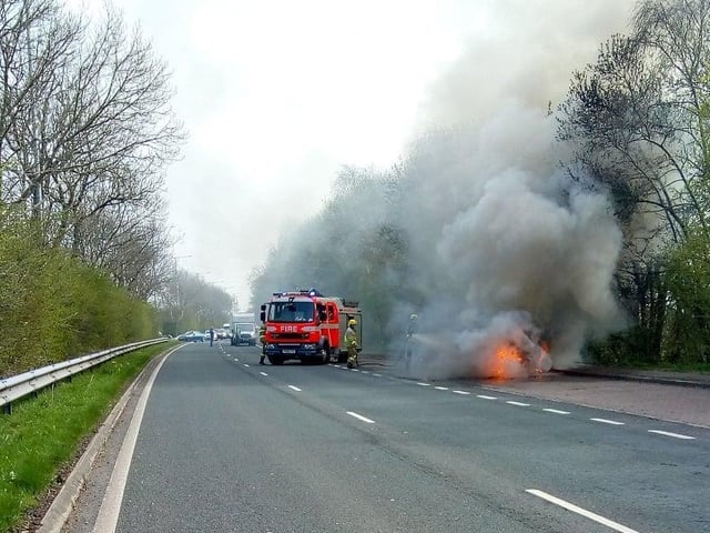 The car burst into flames in Preston New Road, Freckleton this afternoon (March 31). Pic credit: Gary Thomas
