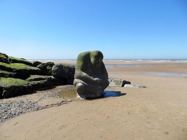 The stone Ogre on Cleveleys beach is part of the story of the Sea Swallow and Mythic Coastline.