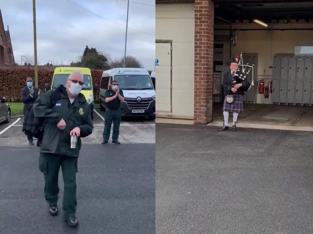 Earlier this week, NWAS care assistant David Malkin returned to work after a 12 month battle with COVID-19. He was greeted on his first day back at Whitefield ambulance station in Bury with a guard of honour from his colleagues and a bag piper