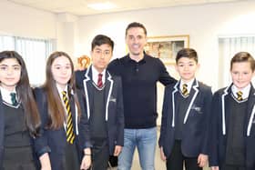Gary Neville with pupils from Fulwood Academy