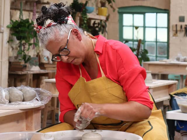 Christine pictured at work on the potter's wheel during the contest  Photo:LOVE Productions.