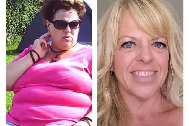 Karen Fay pictured before and after her 8.5 stone weight loss.