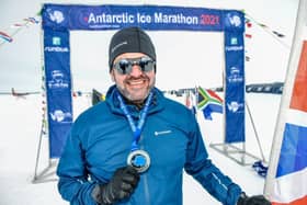 Adventurer Jordan Wylie  having completed a marathon in Antarctica. Picture by Mark Conlon