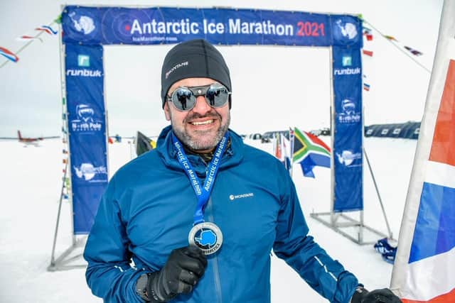 Adventurer Jordan Wylie  having completed a marathon in Antarctica. Picture by Mark Conlon