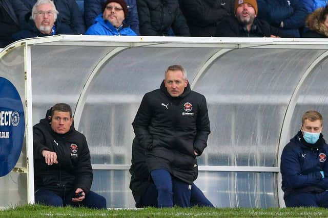Neil Critchley looks on as his Blackpool side lose at Hartlepool United