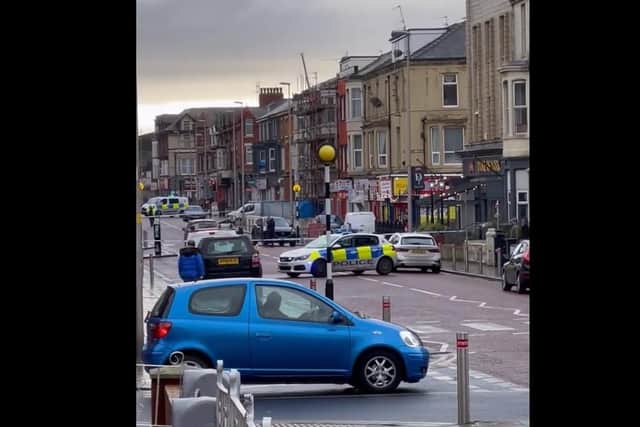 Police have shut Dickson Road in Blackpool after a crash involving a mobility scooter outside the Duke of York pub at around 8.50am (Thursday, January 13)