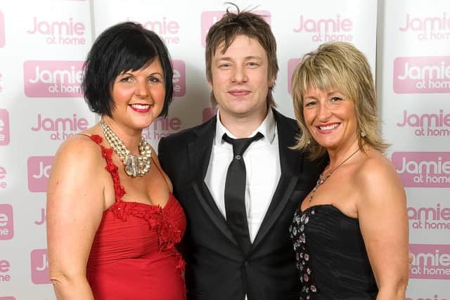 Jamie Oliver with Sharon Potts (left) and her guest Lisa Thwaites