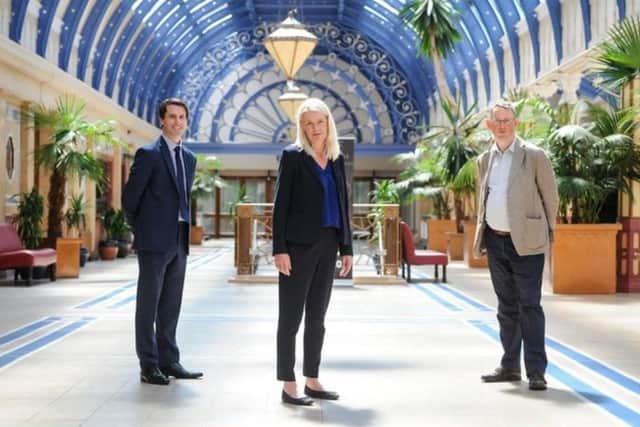 Conservative party co-chairman Amanda Milling with Blackpool South MP Scott Benton (left) and Blackpool North and Cleveleys MP Paul Maynard (right), inside the Winter Gardens