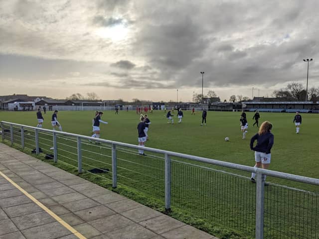 Fylde warm up at Kellamergh Park ahead of Sunday's kick-off
Picture: FYLDE WOMEN