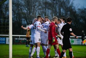 AFC Fylde celebrate Alex Whitmore's goal at Leamington Picture: Steve McLellan