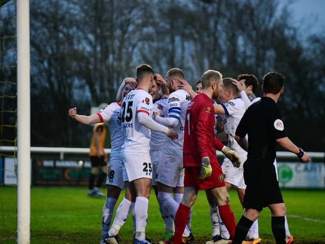 AFC Fylde celebrate Alex Whitmore's goal at Leamington Picture: Steve McLellan