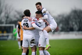 AFC Fylde celebrate Sam Osborne's goal at Leamington Picture: Steve McLellan