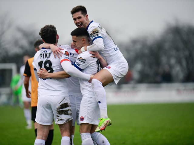 AFC Fylde celebrate Sam Osborne's goal at Leamington Picture: Steve McLellan