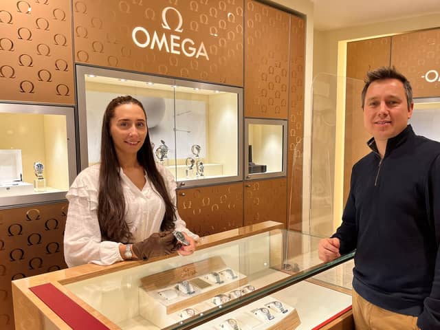 Leonard Dews' digital sales and marketing manager Samantha McMunnigal with 21Digital's managing director Sam Fletcher at the Blackpool store.
The Blackpool jeweller has hired 21Digital to drive sales on its website