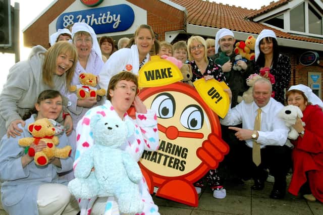 Whitby Co op workers get ready to bed down for charity. Far right is manager Dennis Gilroy.