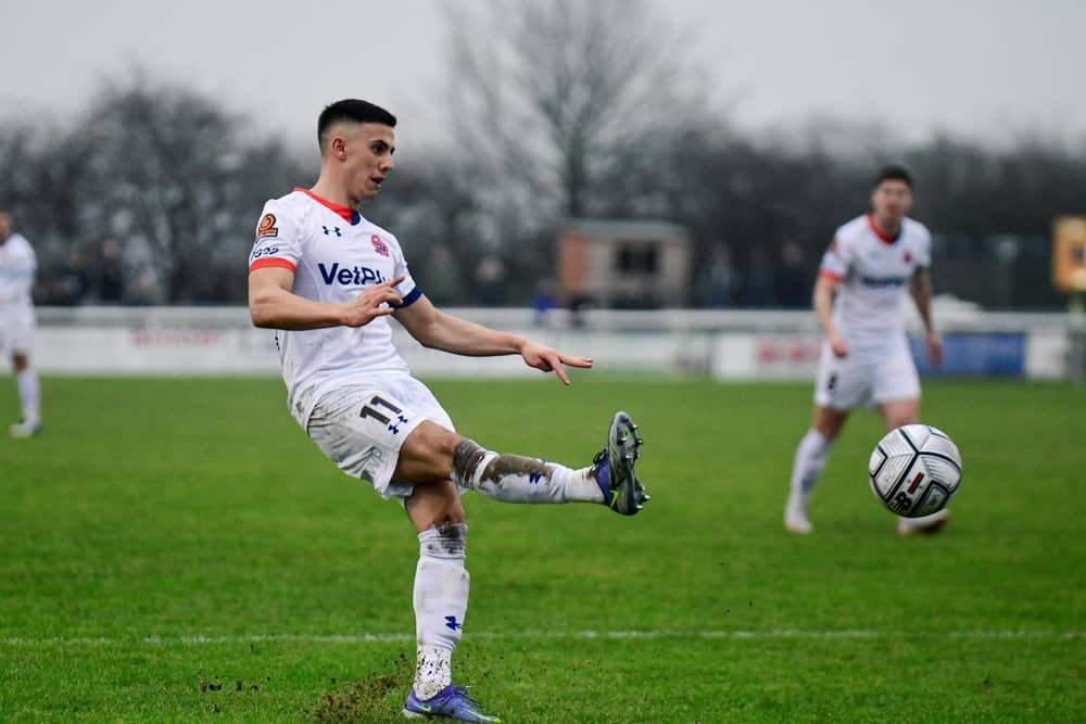 Sam Osborne scores Fylde's opening goal against his former club Leamington
Picture: STEVE MCLELLAN