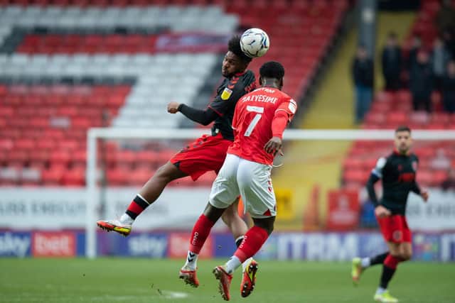 Ellis Harrison wins a header at Charlton but it wasn't Fleetwood's day in front of goal
