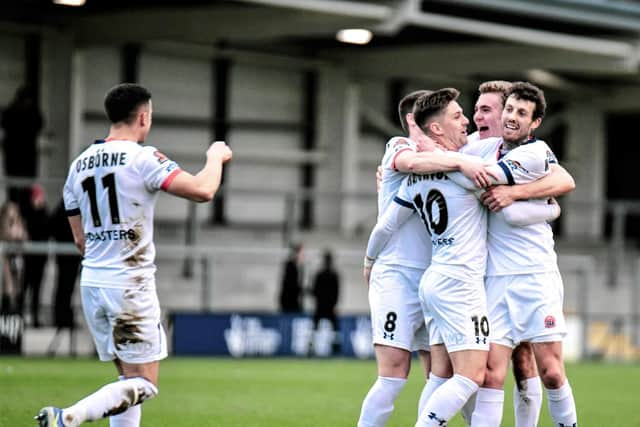 AFC Fylde celebrate Danny Whitehead's first goal for the club
Picture: STEVE MCLELLAN