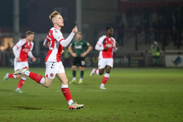 Paddy Lane, one of the outstanding young players at Fleetwood this season, celebrates his goal against Plymouth on Tuesday