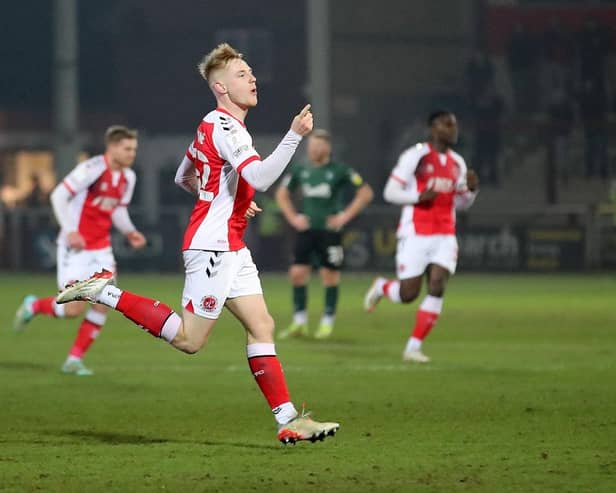 Paddy Lane, one of the outstanding young players at Fleetwood this season, celebrates his goal against Plymouth on Tuesday