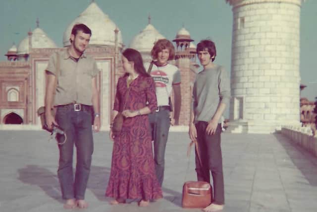 Hitchhikingh in India - barefoot too.  Pictured from left are John Albrecht, Sharon Carleton, Peter Pearson aka Sailor - and Pete (far right). Are you Pete? Or do you recognise him?
