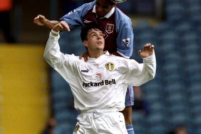 Aston Villa's Gary Charles rises the highest to beat Ian Harte to the ball during the Premiership clash at Elland Road in September 1998. The game finished goalless.