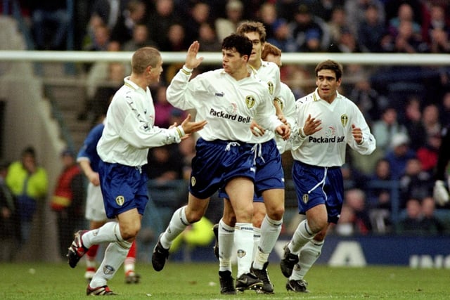 Ian Harte celebrates with his teammates after scoring during the FA Cup fourth round clash against Portsmouth  at Fratton Park in January 1999. Leeds won 5-1.