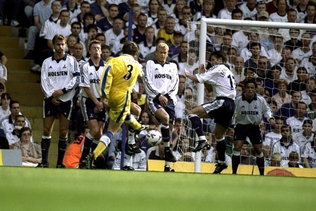 Ian Harte scores against Tottenham Hotspur during the Premiership clash at White Hart Lane in August 1999.  Leeds won 2-1.