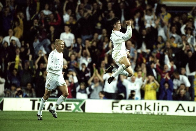 Ian Harte jumps for joy after his goal during the Premiership clash against Southampton at Elland Road in September 1998. Leeds won 3-0.
