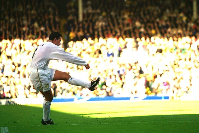 Ian Harte takes a free-kick during the Premiership clash against Liverpool at Elland Road in November 2000. Striker Mark Viduka scored all four Leeds United goals in a 4-3 win.