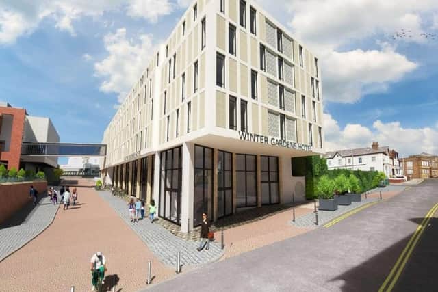 Artists impression of the proposed hotel next to the Winter Gardens