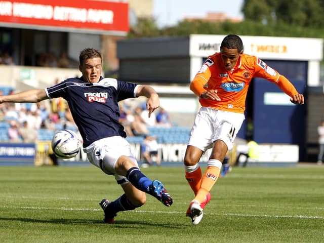 Tom Ince scores his and Blackpool's second goal