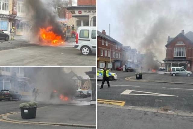 Pictures from the scene large flames emanated from the vehicle in Alexandria Drive, St Annes