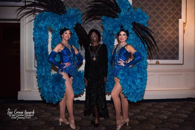Deputy Mayor of Blackpool, Paula Burdess, flanked by dancers at the launch of Dance Floor Heroes and the Tia's Crown charity, at Blackpool Winter Gardens