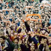 Pool supporters celebrate after their victory against Scunthorpe in 1992