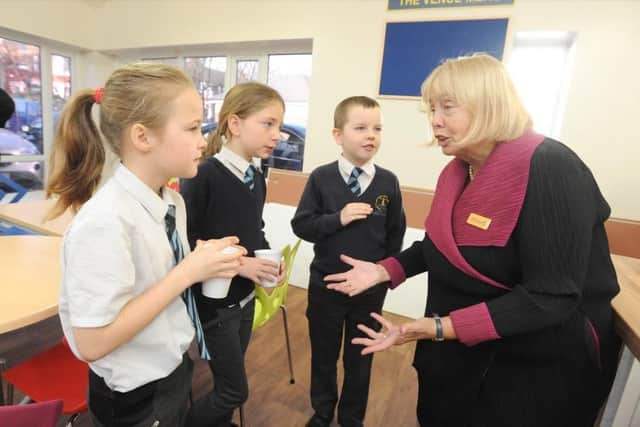 Blackpool Pride of Place listening event at Westminster School with Dame Julia Cleverdon. She is pictured with pupils Jessica Hillier, 9, Imogen Whitworth-Morrell, 10 and Kaiden Conner Walsh, 9.